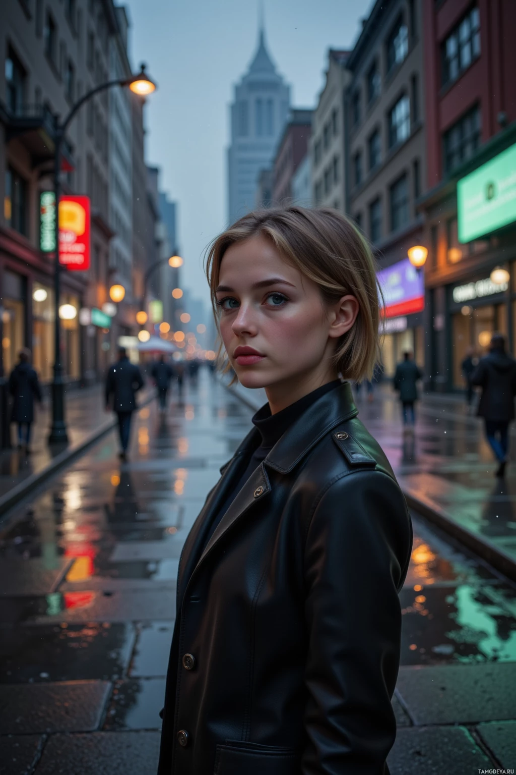 A person in a black leather jacket stands on a wet city street at dusk.