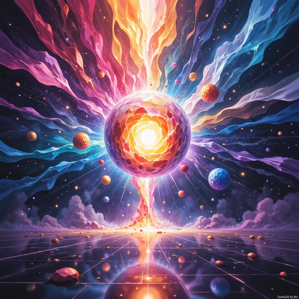 A vibrant cosmic scene featuring a glowing celestial body with radiant energy beams and floating planets against a starry backdrop.