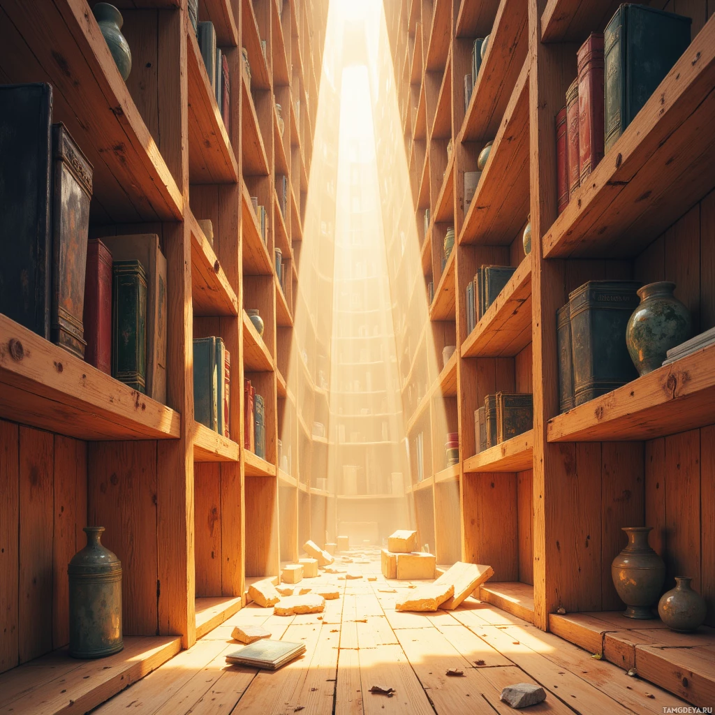 A sunlit library with wooden shelves and scattered books on the floor.