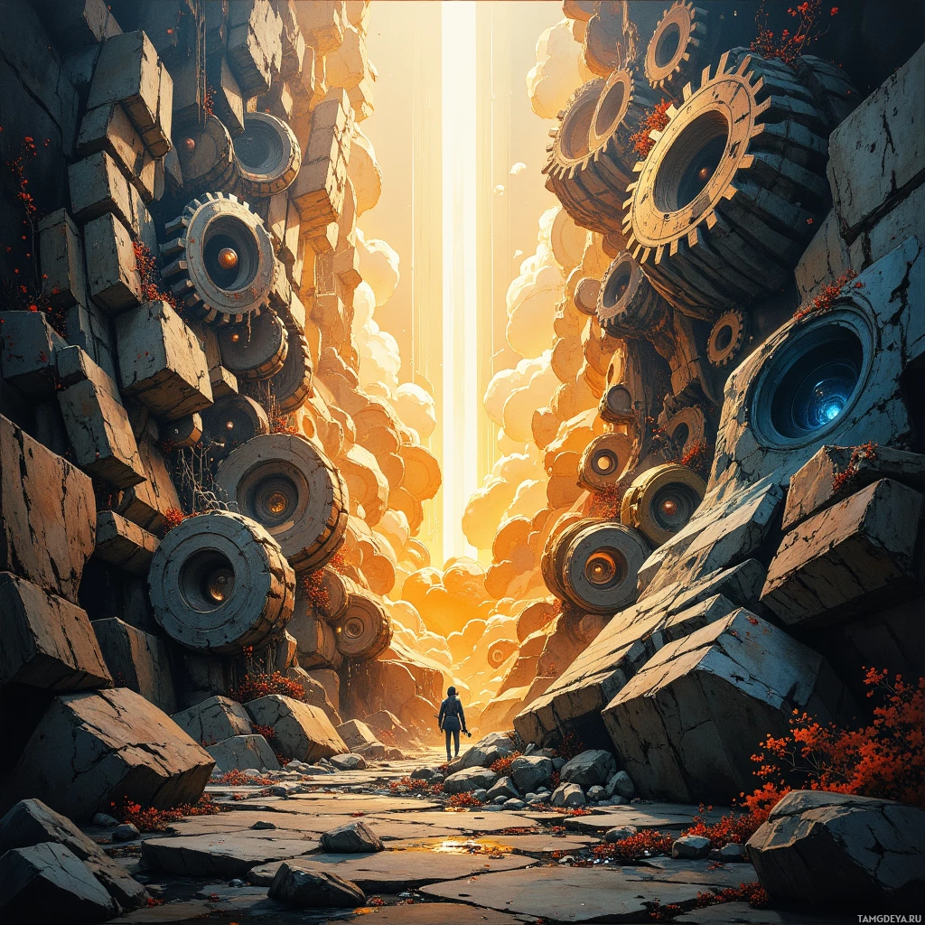 A lone figure stands at the entrance of a rocky canyon, with large gears and mechanical structures towering overhead.