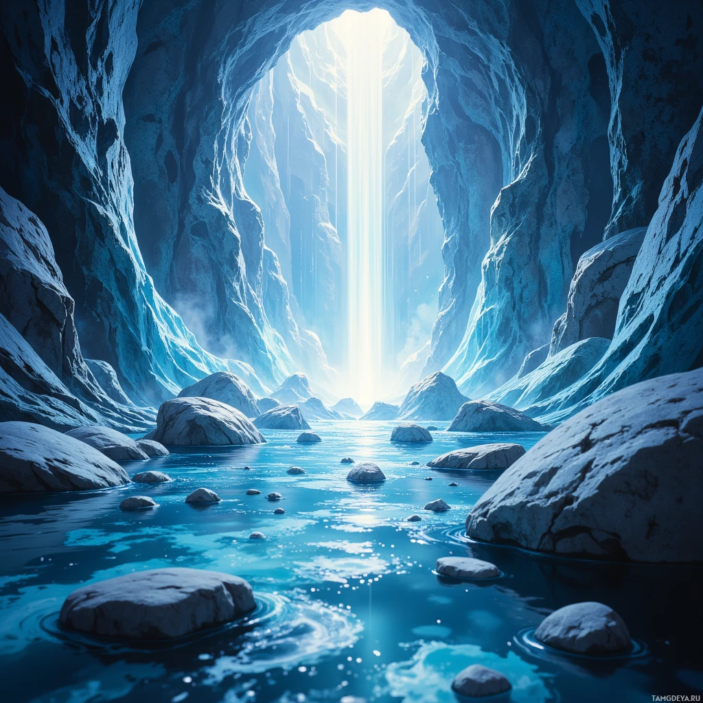 A serene, icy cave with a bright light shining through the opening.