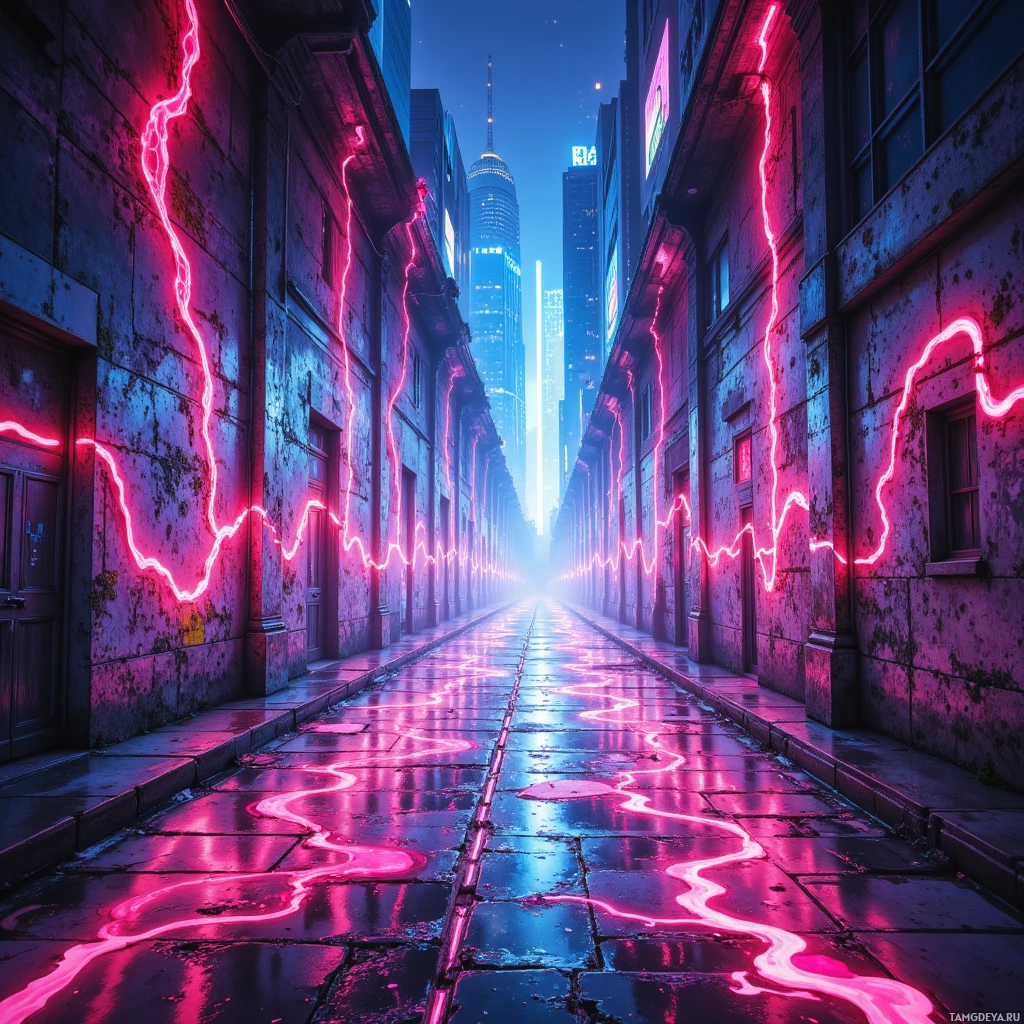 A neon-lit alleyway with glowing pink lines on the walls and ground, leading towards a cityscape at night.