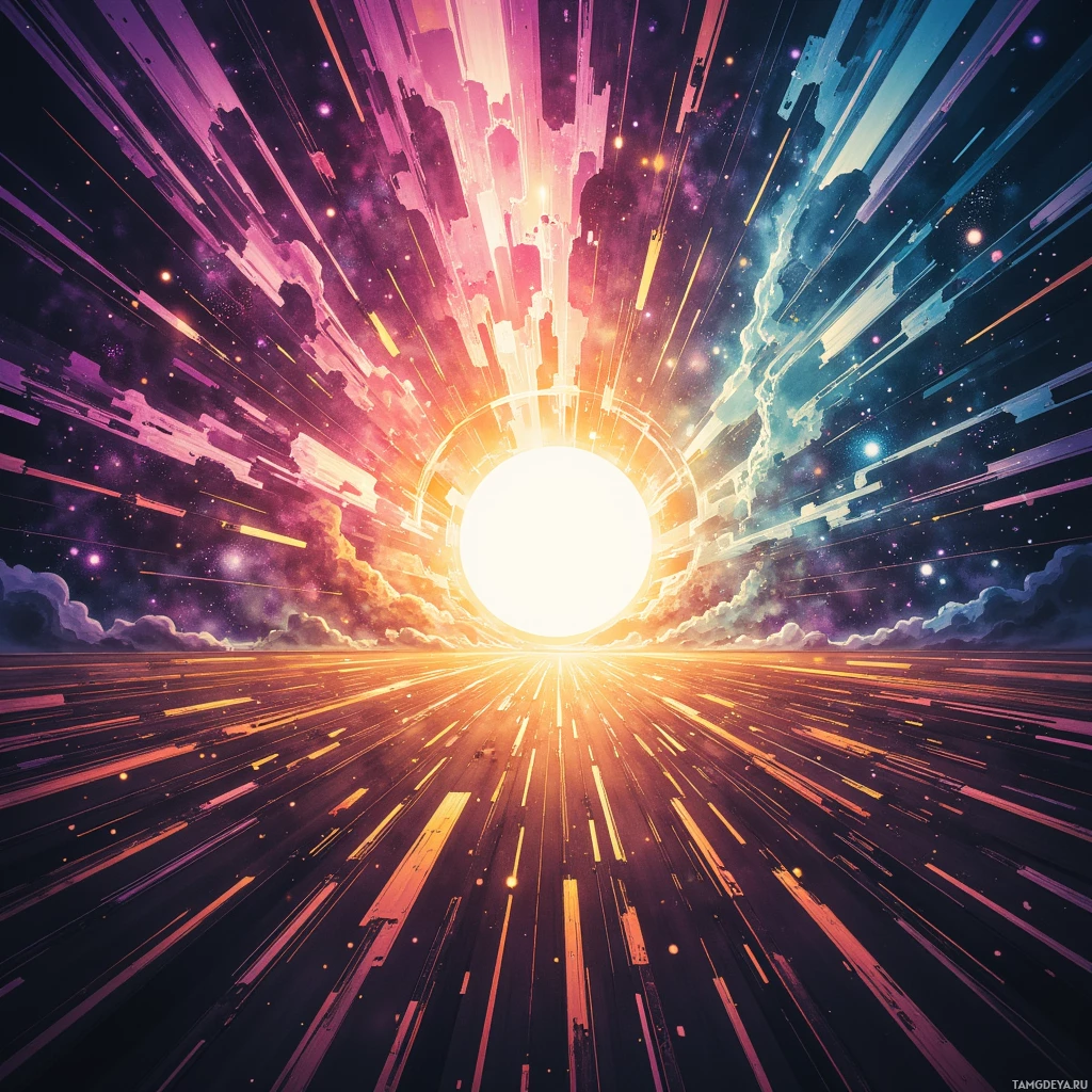 A vibrant cosmic scene with a bright central light, radiating streaks, and a starry background.