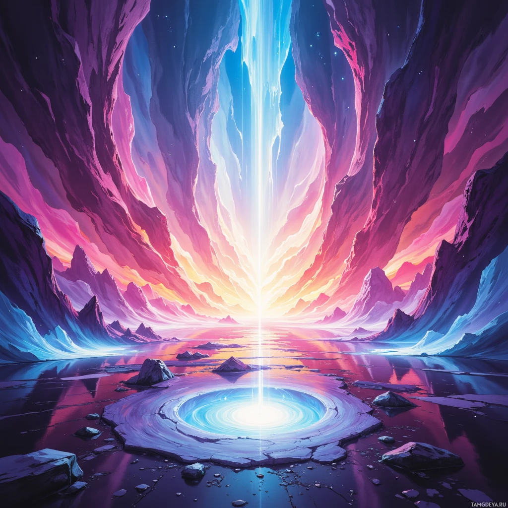 A vibrant, fantastical landscape featuring a glowing portal at the center, surrounded by towering, colorful cliffs and a reflective pool below.