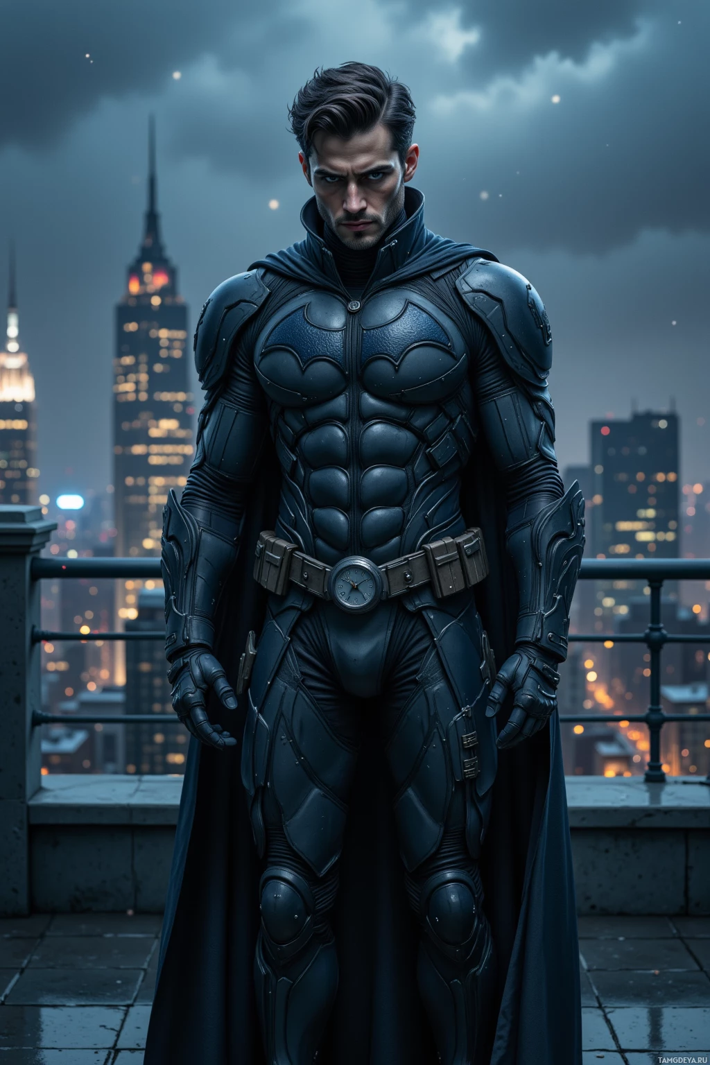 A superhero in a dark, armored suit stands on a rooftop overlooking a cityscape at night.