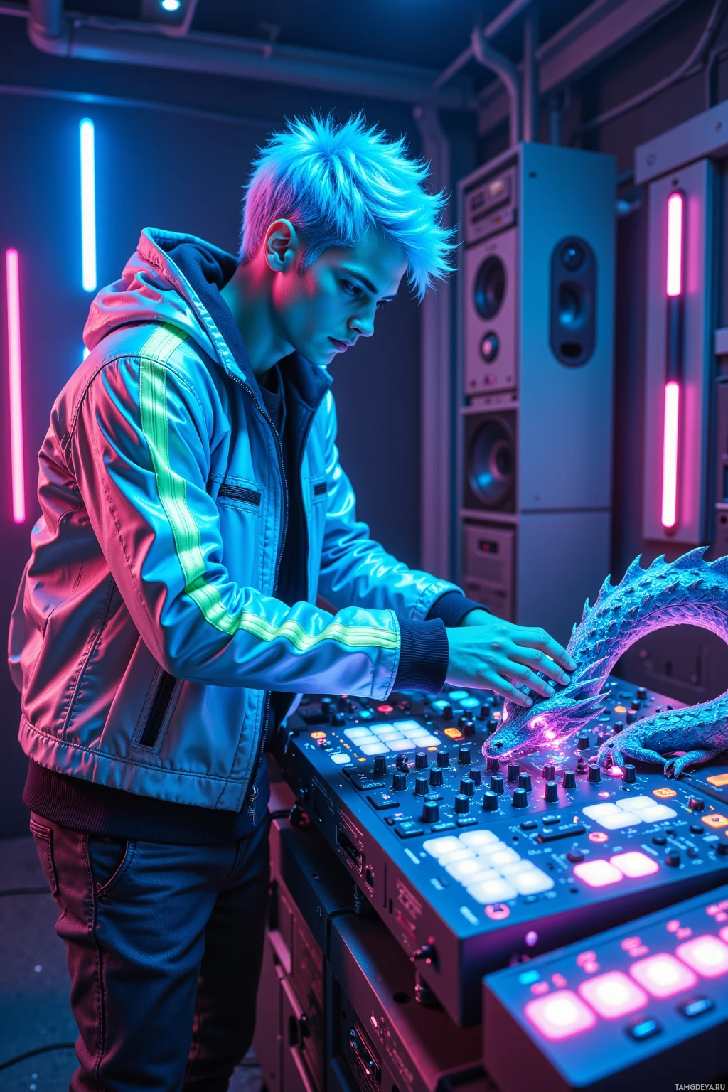 A person with blue hair stands in a neon-lit room, operating a DJ mixer.