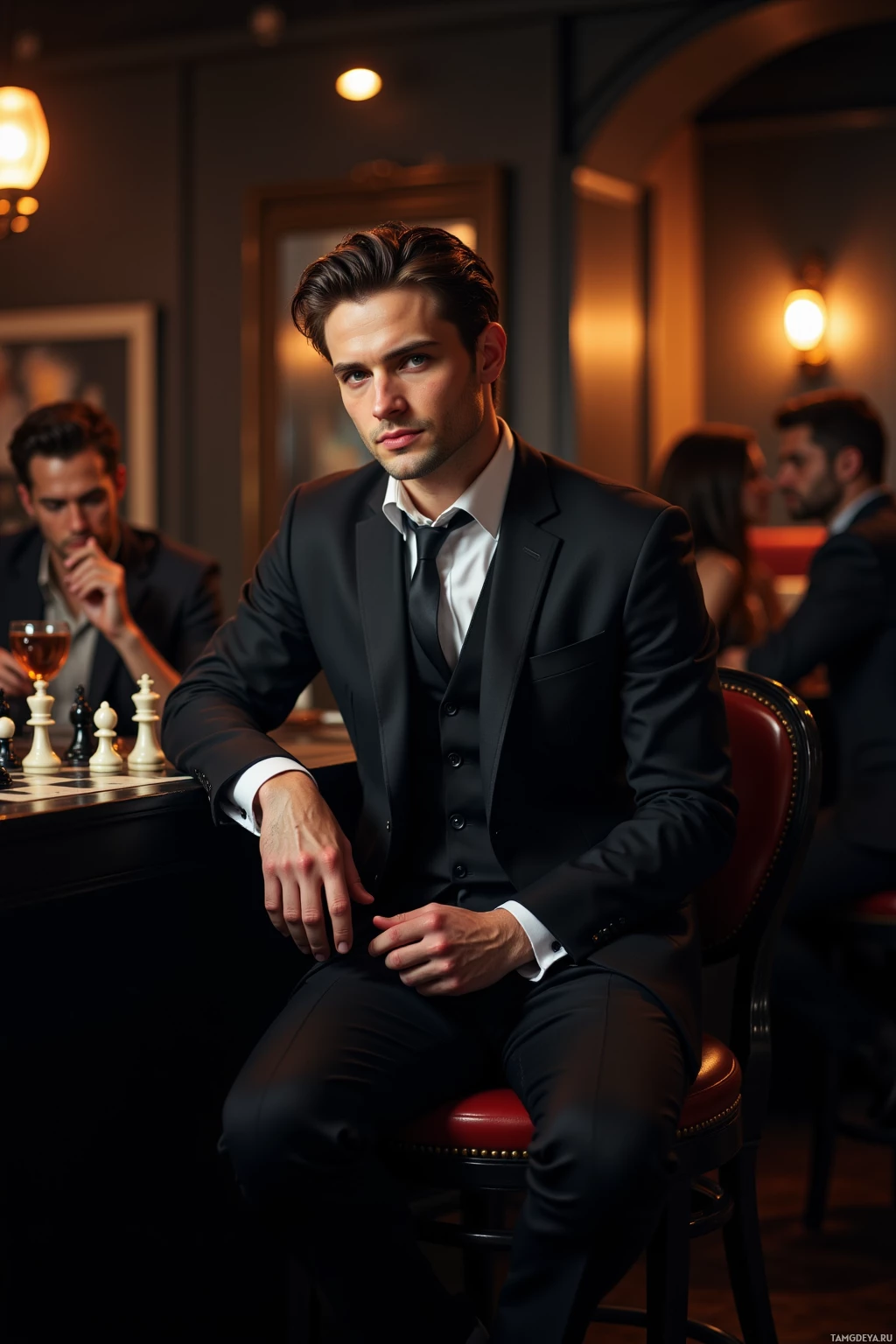 A man in a formal suit sits at a chess table in a dimly lit room.