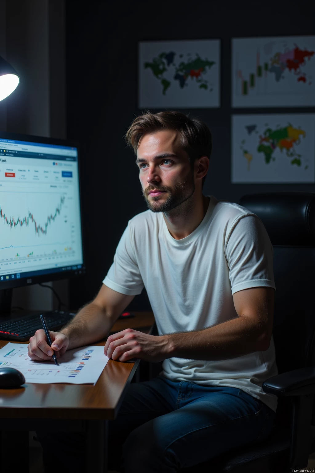 A man sits at a desk in a dimly lit room, working on a computer with a world map and financial charts on the wall.