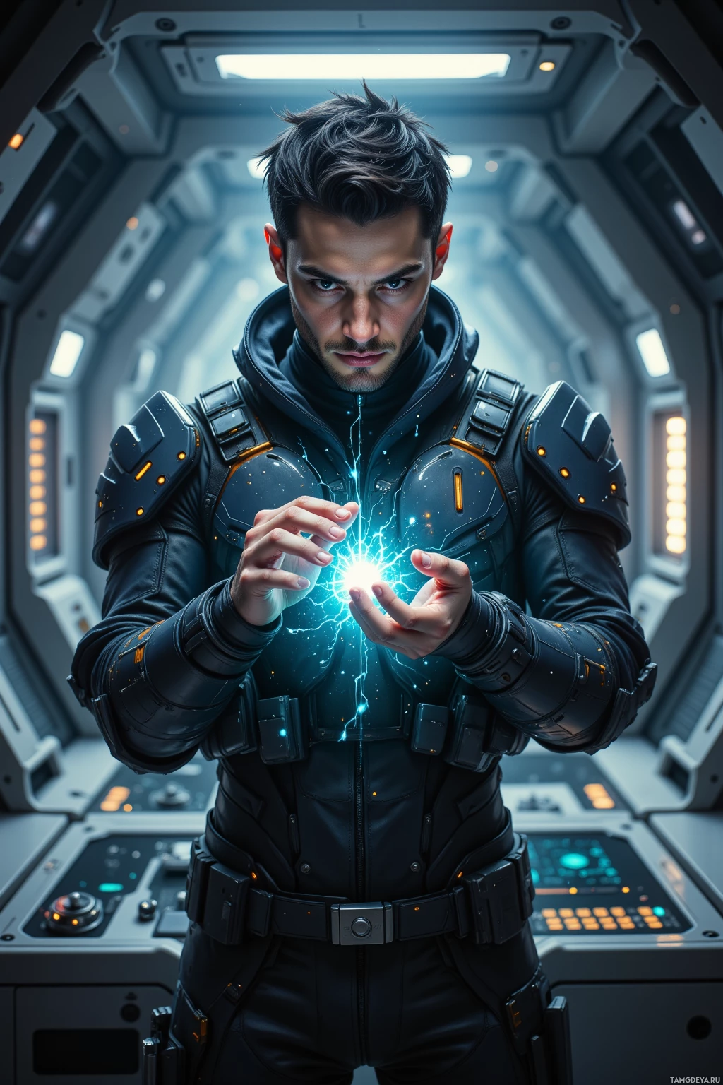 A person in a futuristic suit holds a glowing energy sphere in a sci-fi setting.