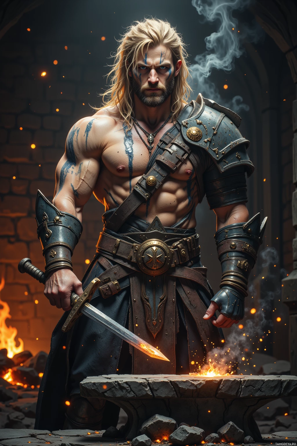A muscular warrior in armor stands in a forge, holding a glowing sword.