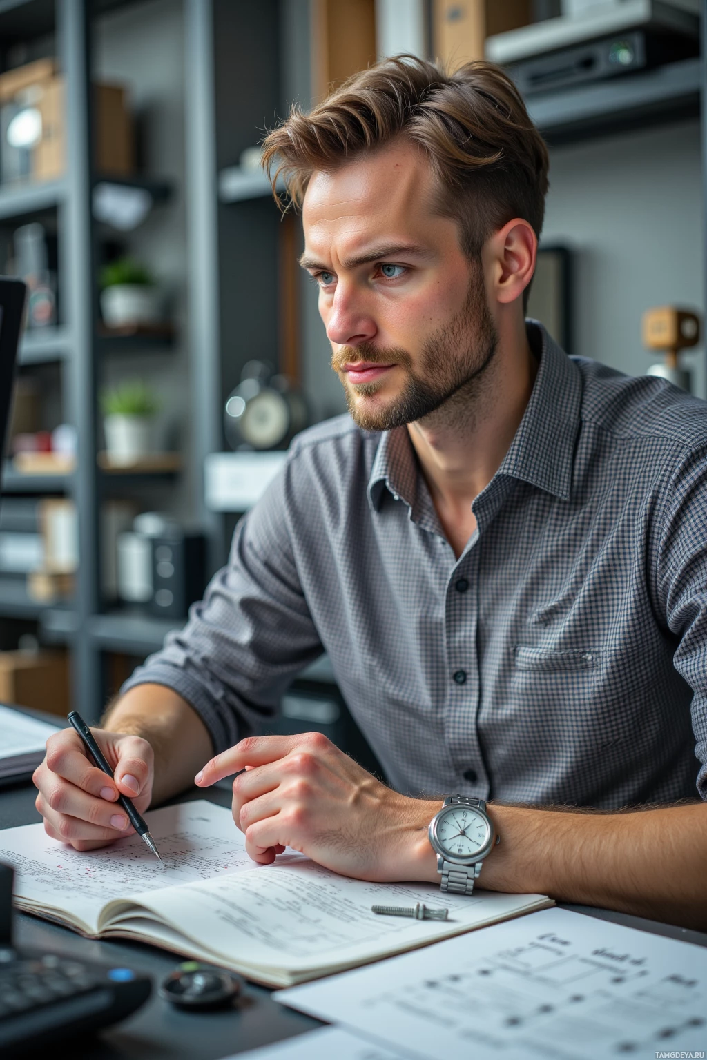 A man is sitting at a desk, writing in a notebook with a pen.