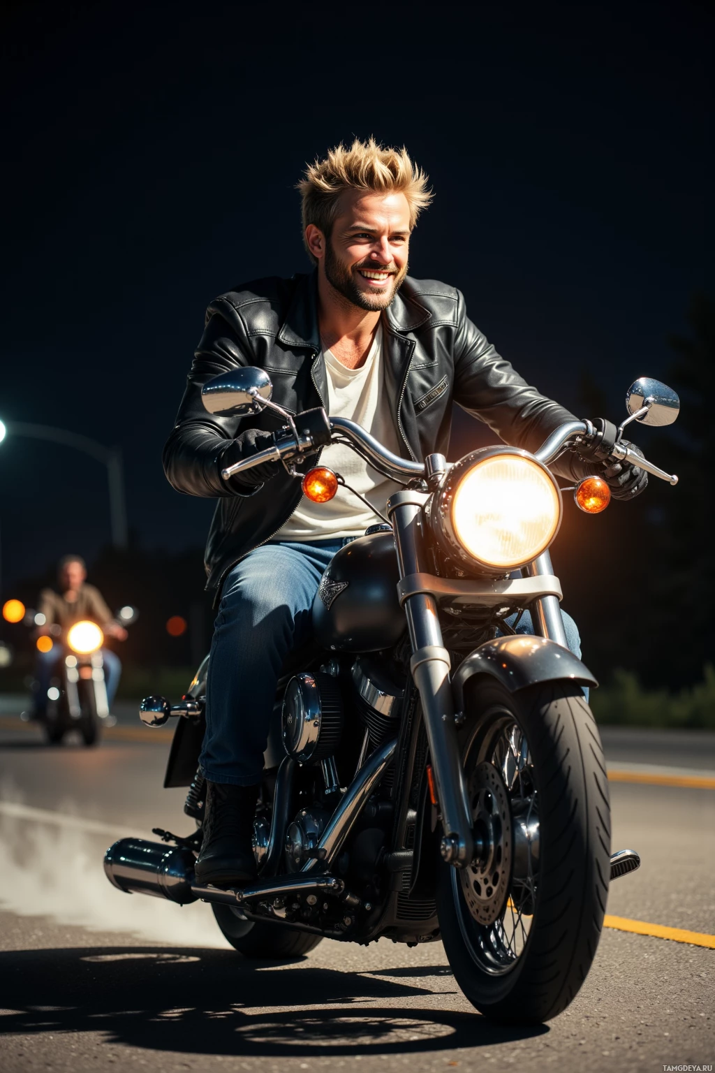 A man rides a motorcycle at night, smiling and wearing a leather jacket.