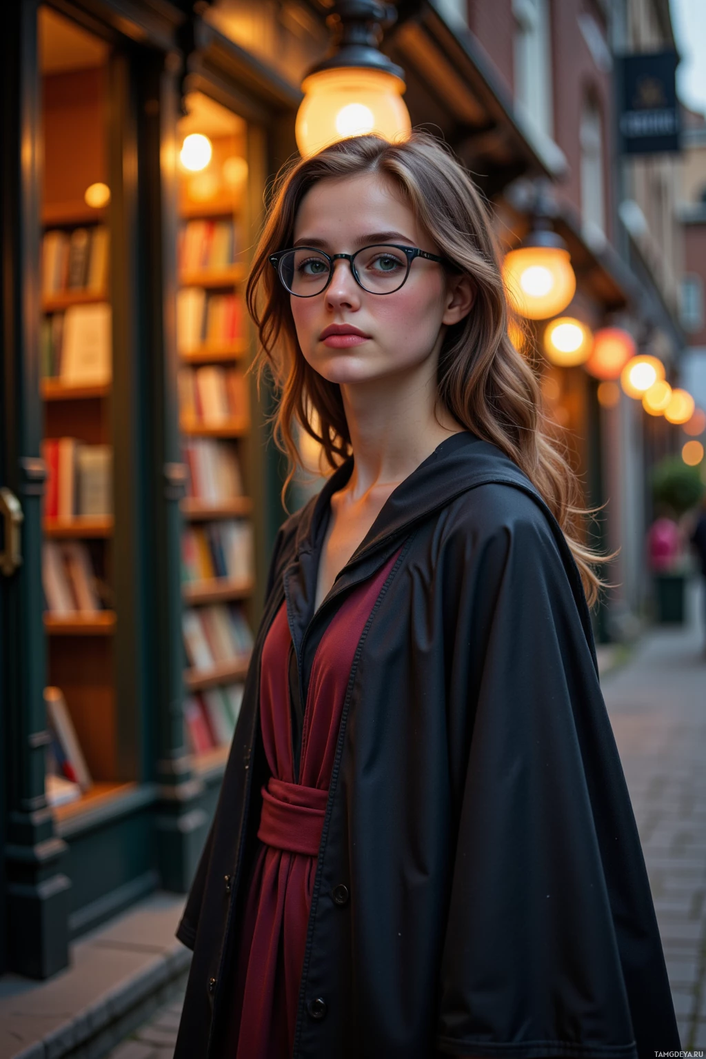 A woman stands in front of a bookshop, wearing glasses and a black coat over a red dress.