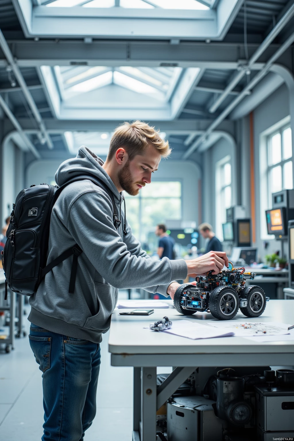 A person is working on a small robot in a modern laboratory setting.