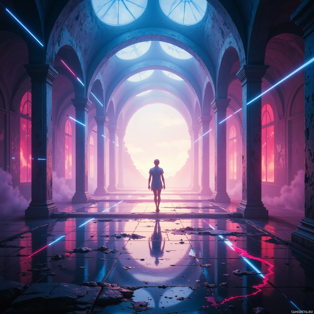 A person walks through a grand, futuristic hallway with glowing neon lines and a bright light at the end.