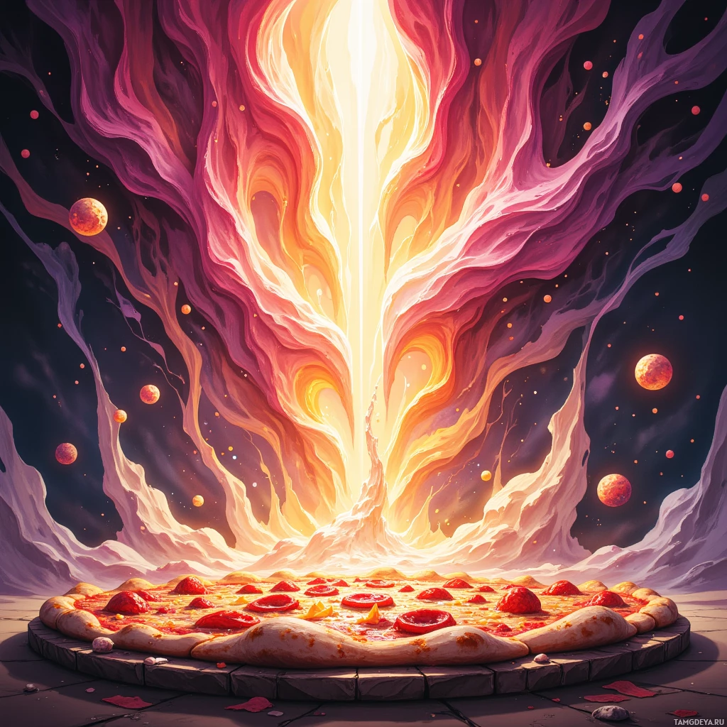 A vibrant cosmic scene with a glowing, fiery portal and a pizza in the foreground.