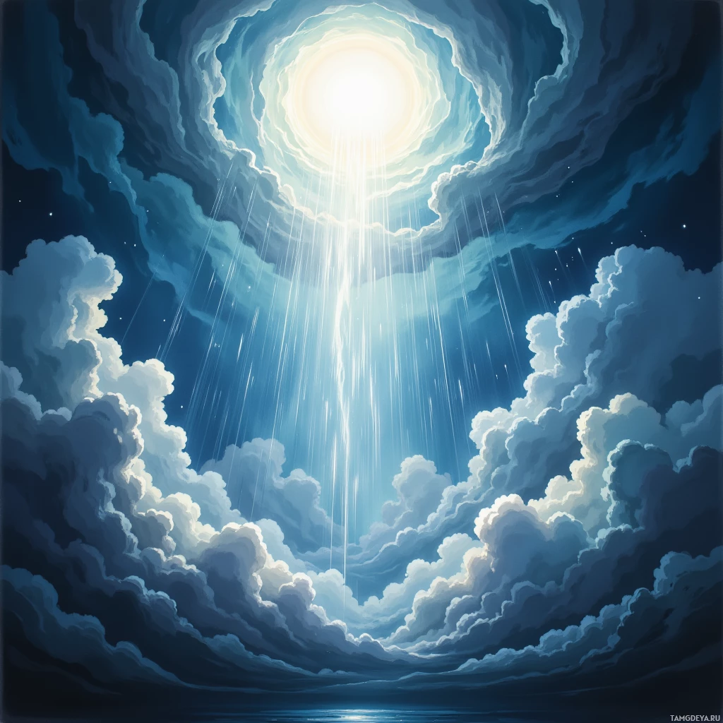 A serene night sky with a radiant light source shining through clouds, casting a glowing effect.