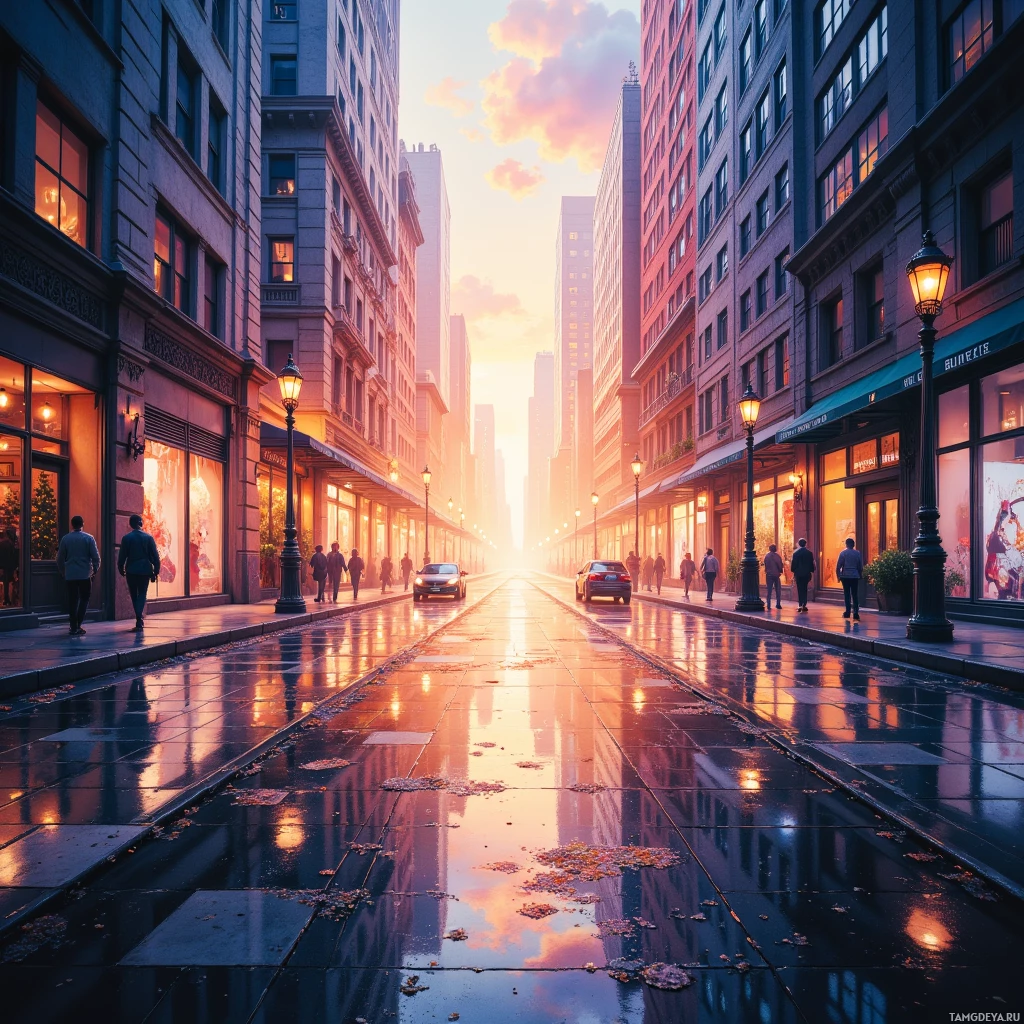A city street at sunset with wet pavement reflecting the sky and buildings.