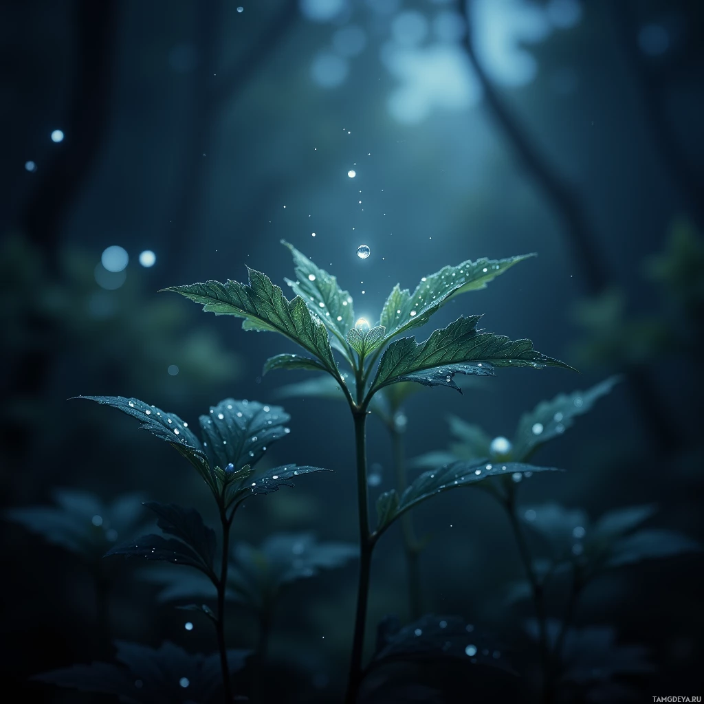 A close-up of a plant with dew drops in a dark, misty forest setting.