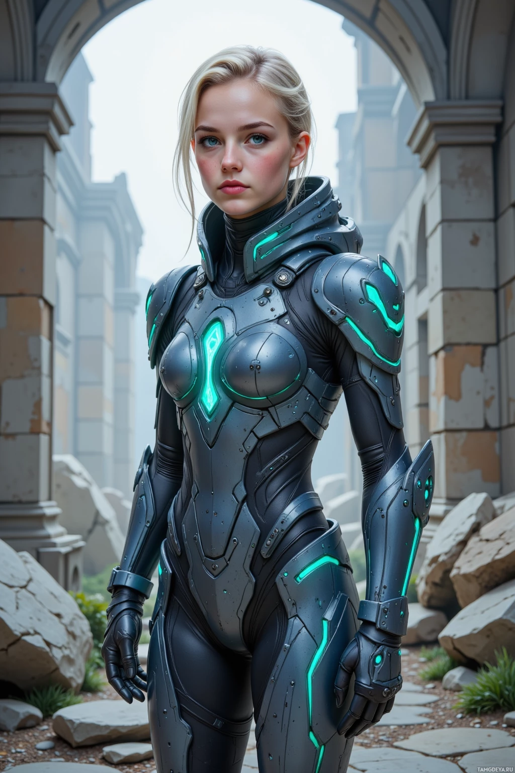 A person in futuristic armor stands in an archway.
