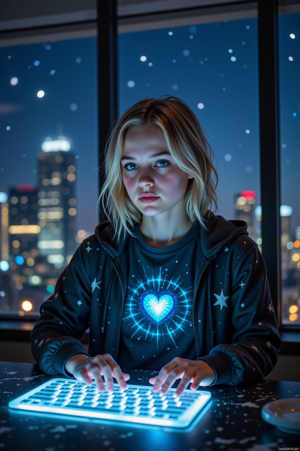 A person wearing a hoodie with a glowing heart design types on a glowing keyboard in front of a cityscape at night.