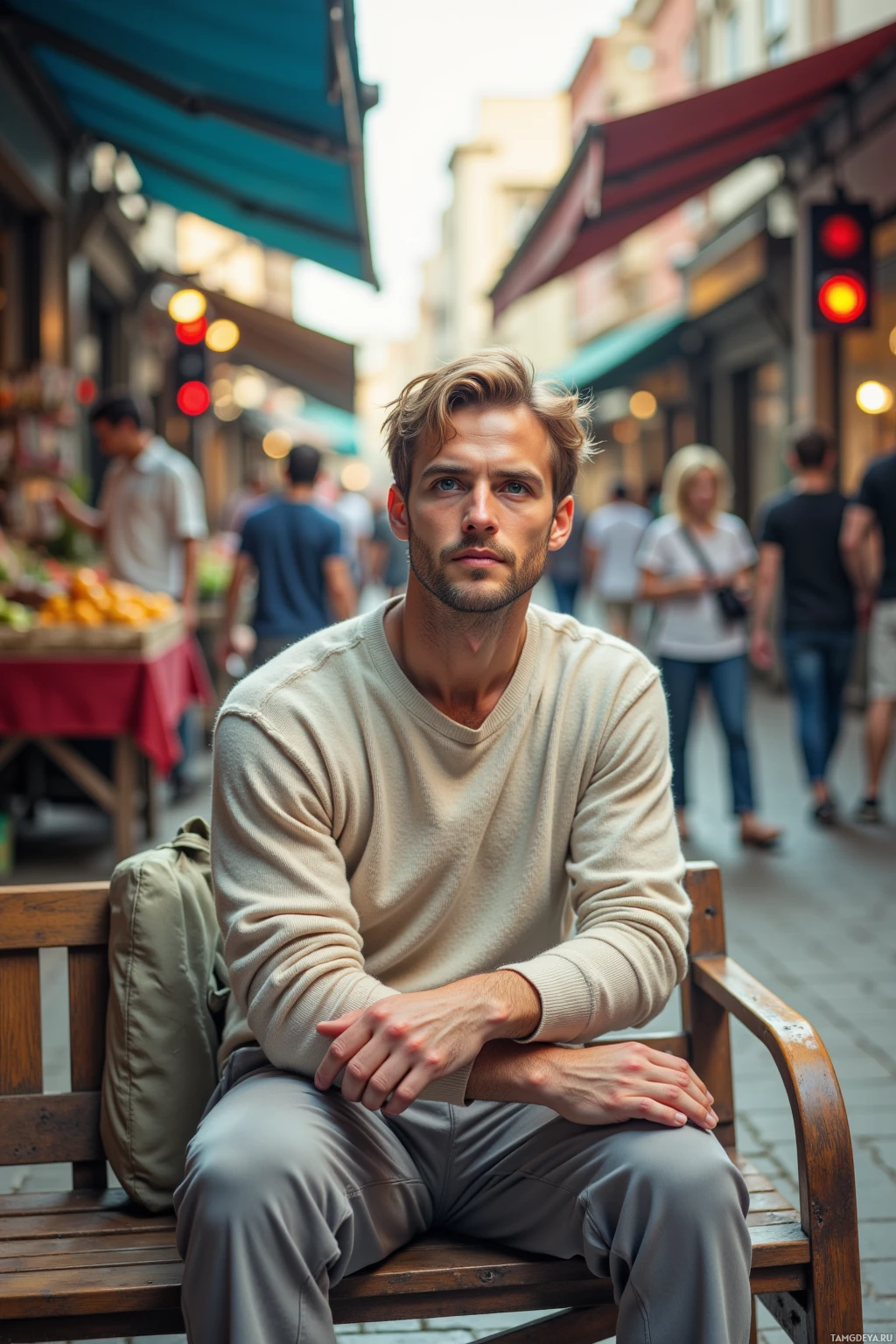 A man sits on a bench in a bustling street market.
