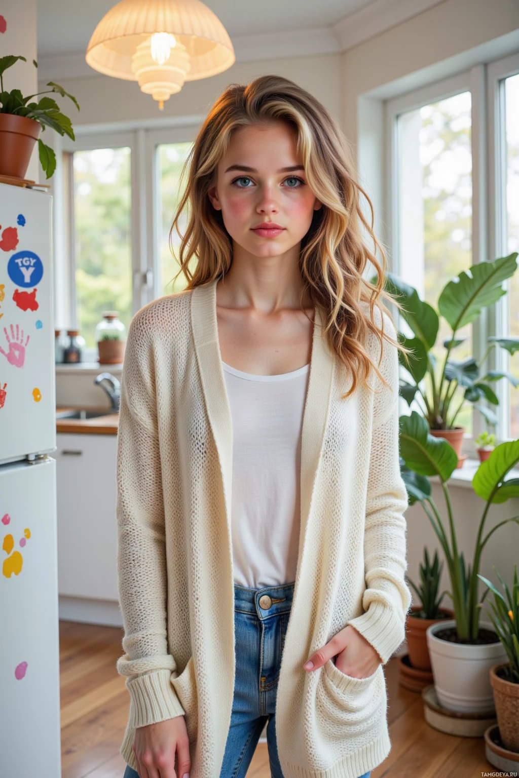 A person stands indoors wearing a beige cardigan and jeans, with a potted plant and a refrigerator in the background.