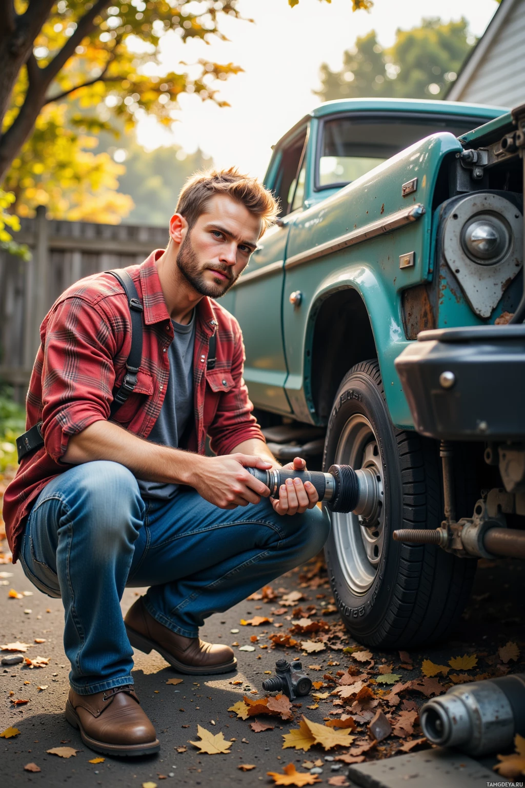 A man in a plaid shirt and jeans is working on a teal truck tire.