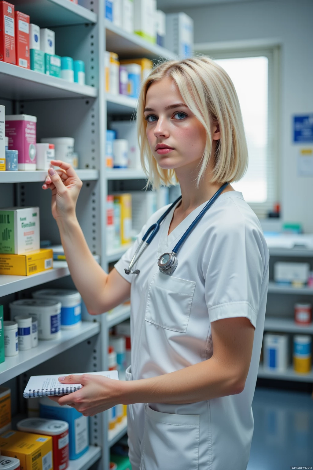 A healthcare professional in a pharmacy setting, holding a notebook and gesturing with one hand.