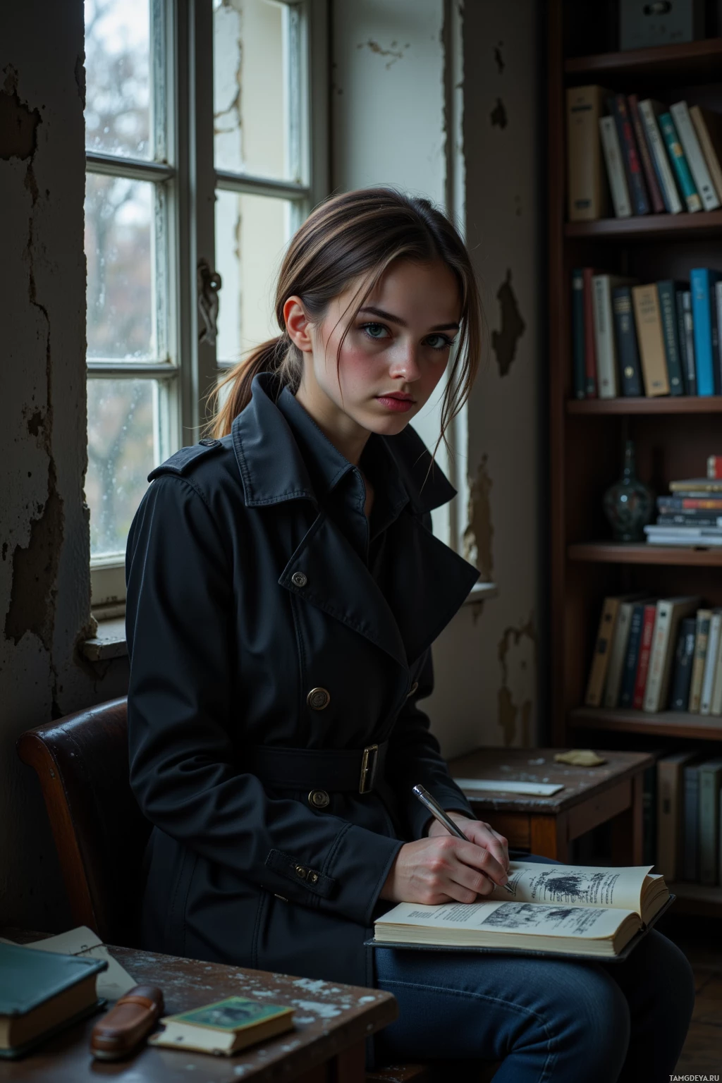 A person in a black coat sits at a desk, writing in a book with a pen.