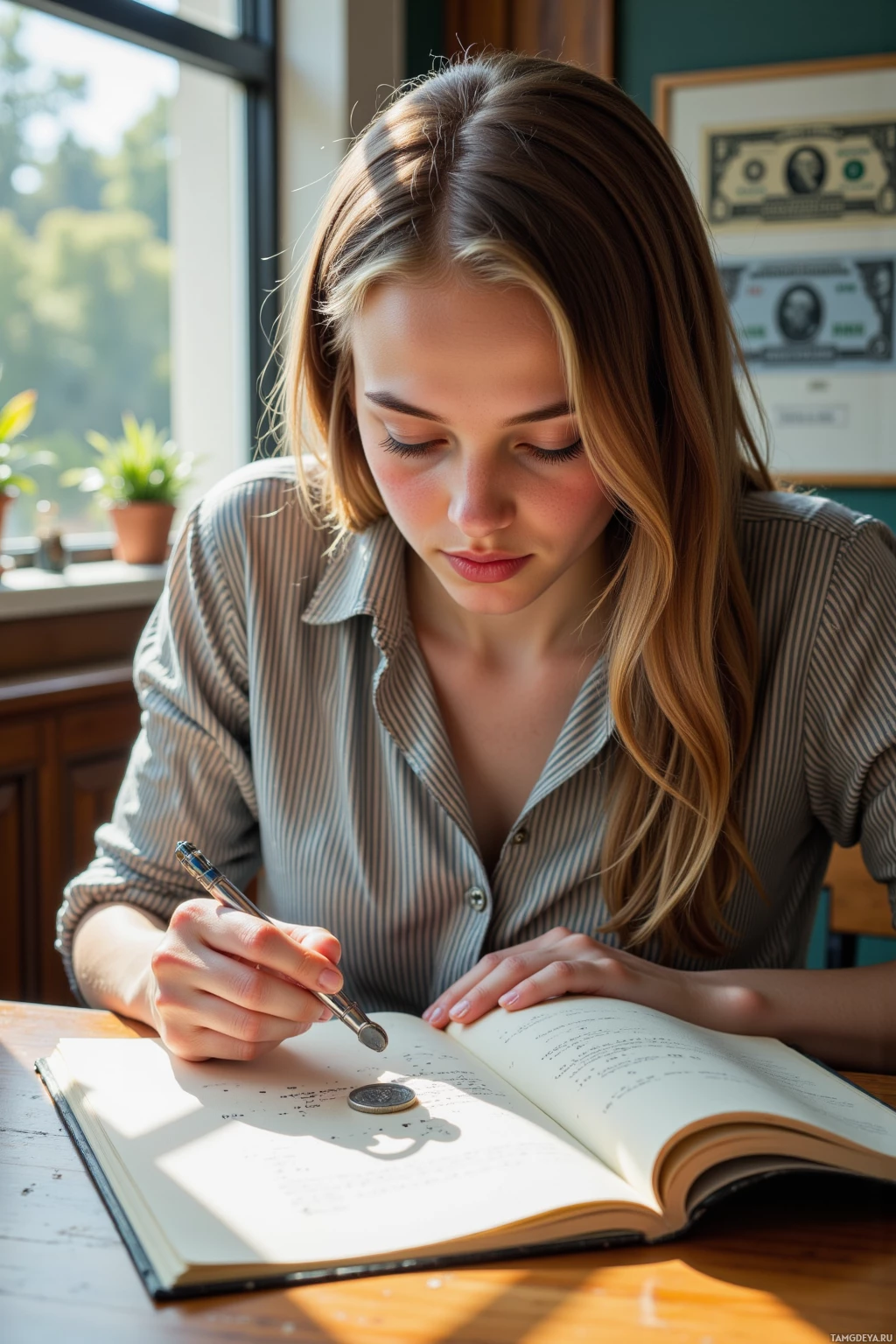A person is writing in a notebook with a pen, sitting at a table by a window.