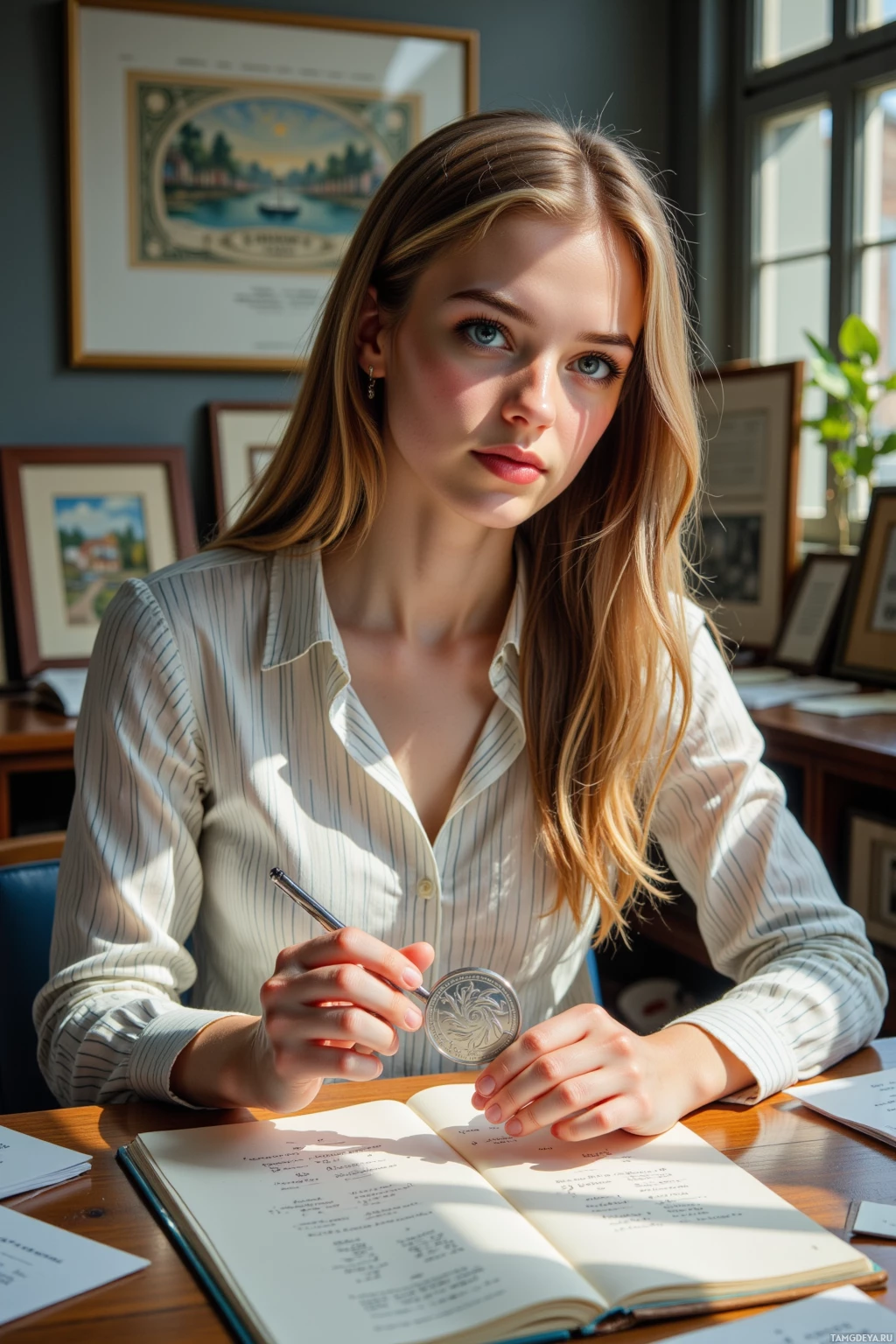 A woman sits at a desk with a book and pen, in a room with framed pictures on the wall.