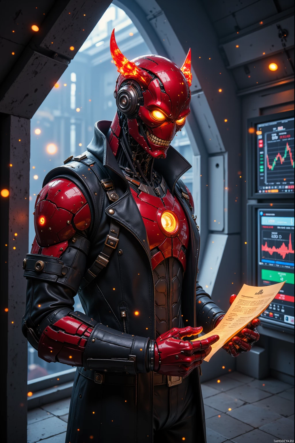 A cybernetic figure in a red and black suit holds a document, set against a futuristic backdrop.