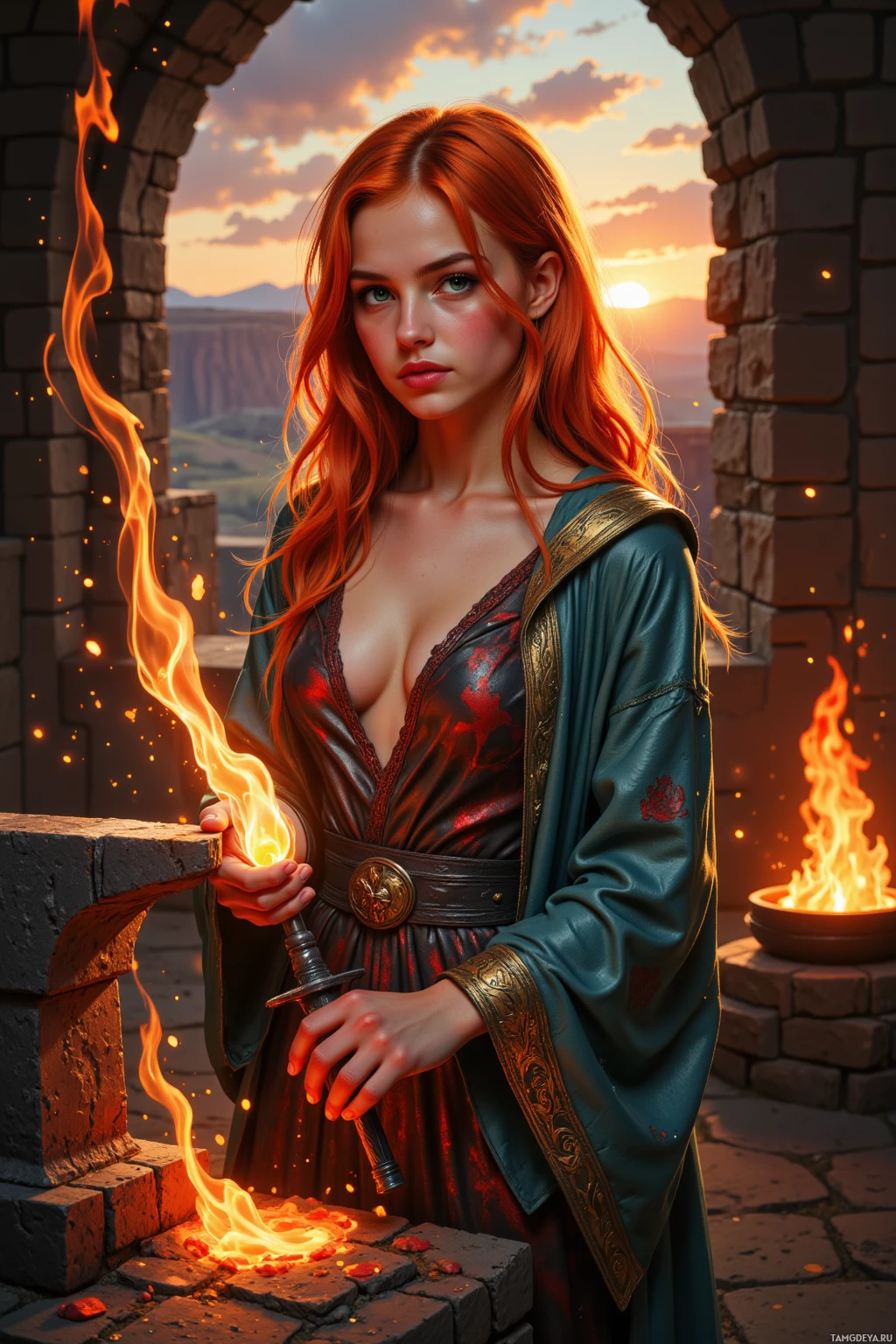 A woman in a blue robe holds a flaming sword, standing in front of a stone structure with a fiery background.