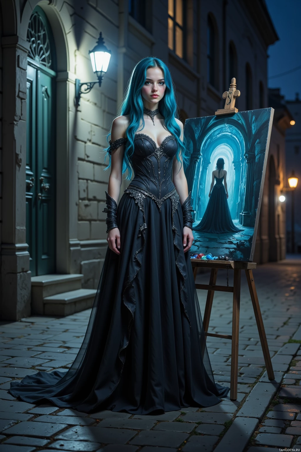 A woman in a dark, elegant gown stands beside an easel displaying a painting of a similar scene.