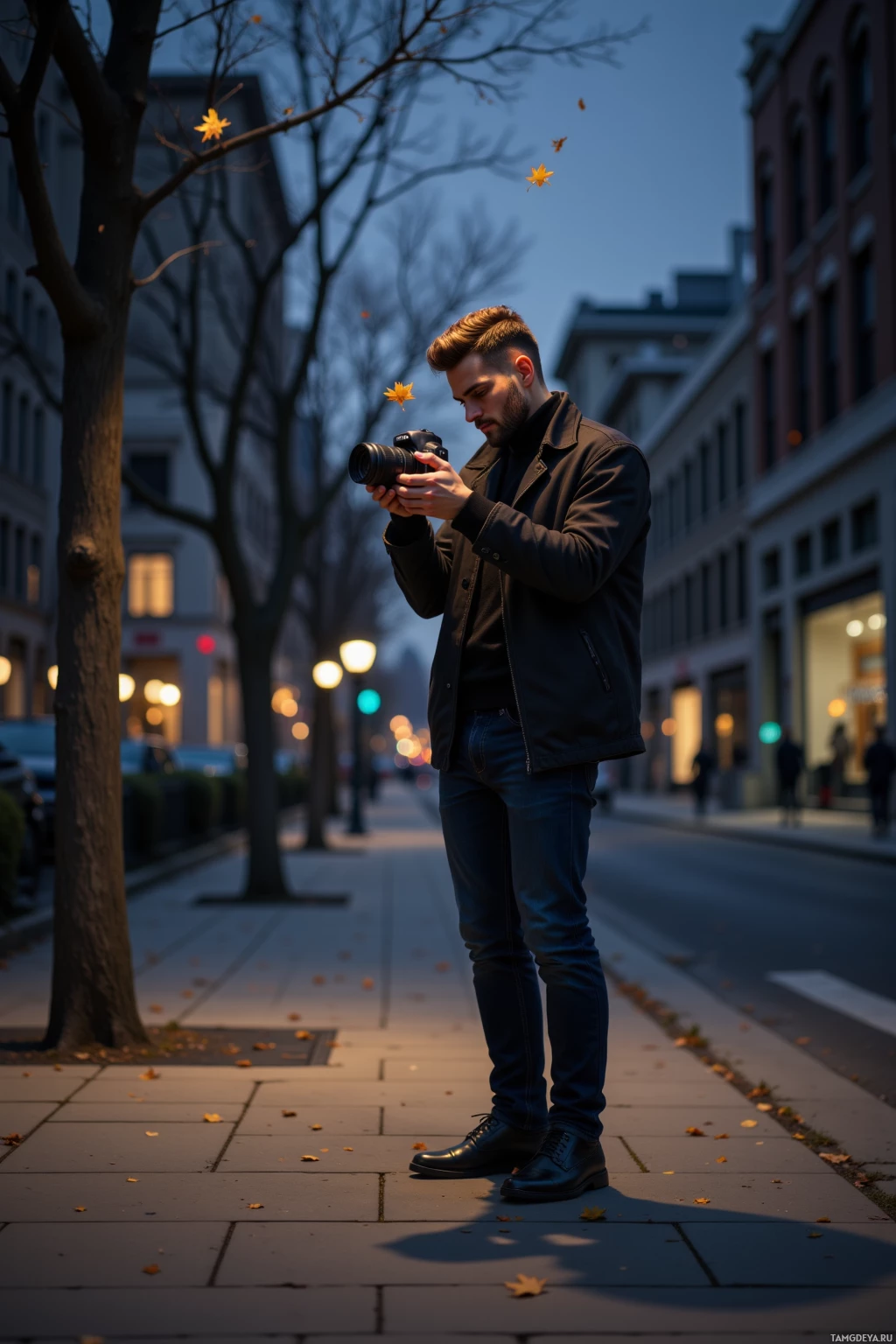 A man stands on a city sidewalk, holding a camera and looking down at it.