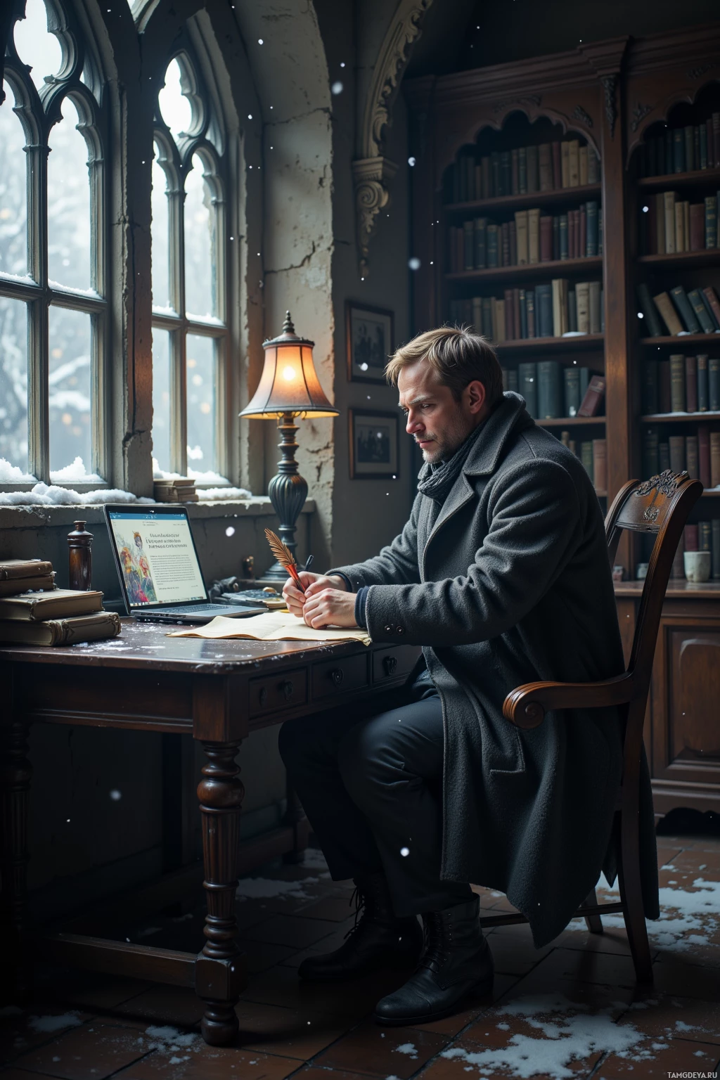 A man sits at a desk in a library, writing with a quill pen.