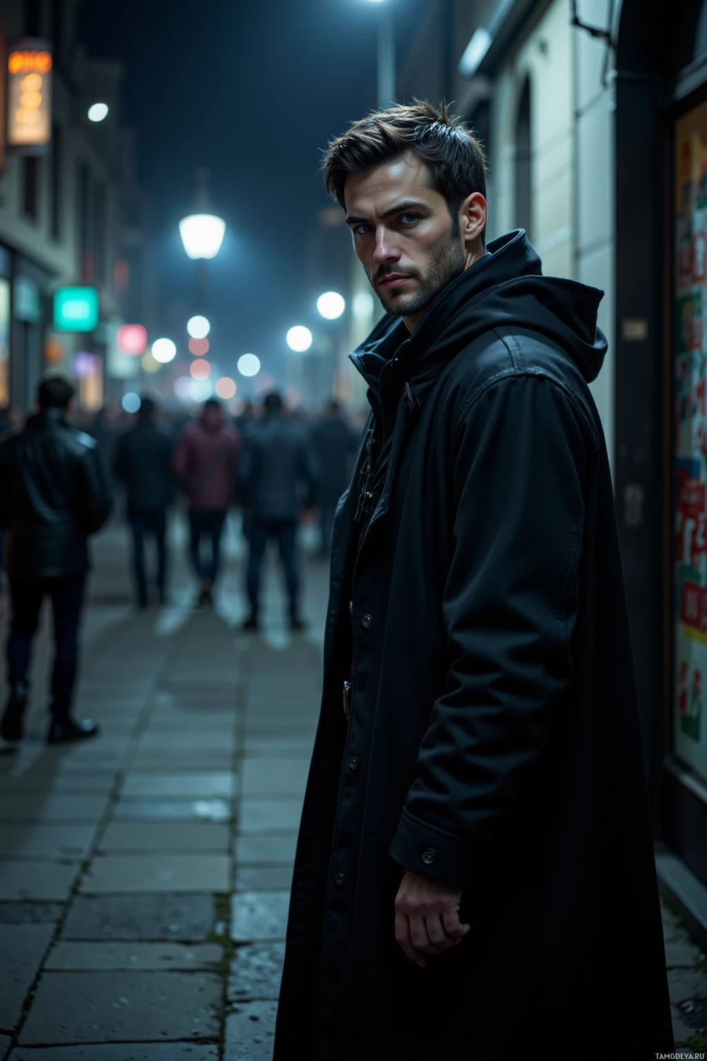 A man in a black coat stands on a dimly lit street at night.