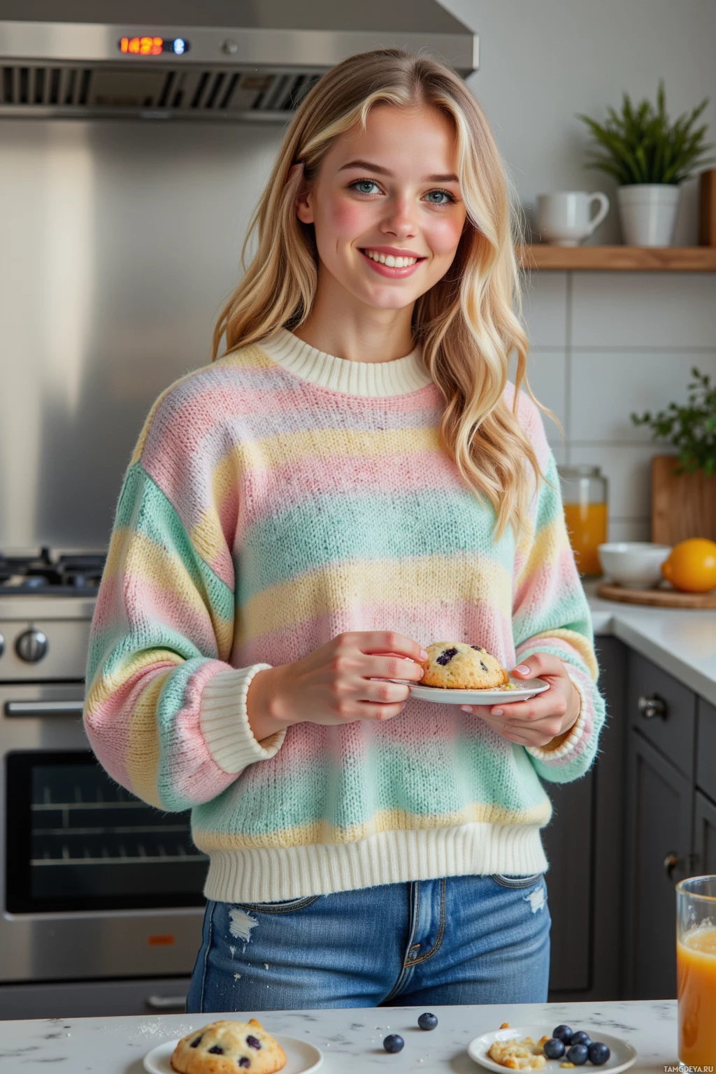 A person in a pastel striped sweater holds a plate of blueberry muffins in a kitchen setting.