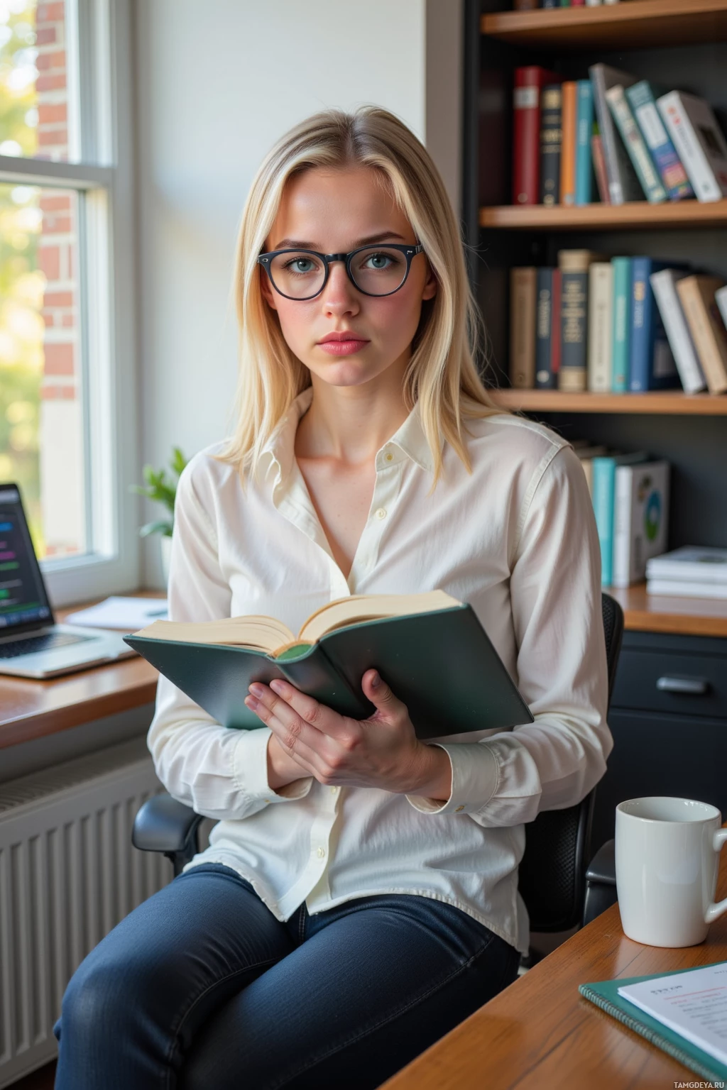 A woman in a white shirt sits at a desk, holding an open book.