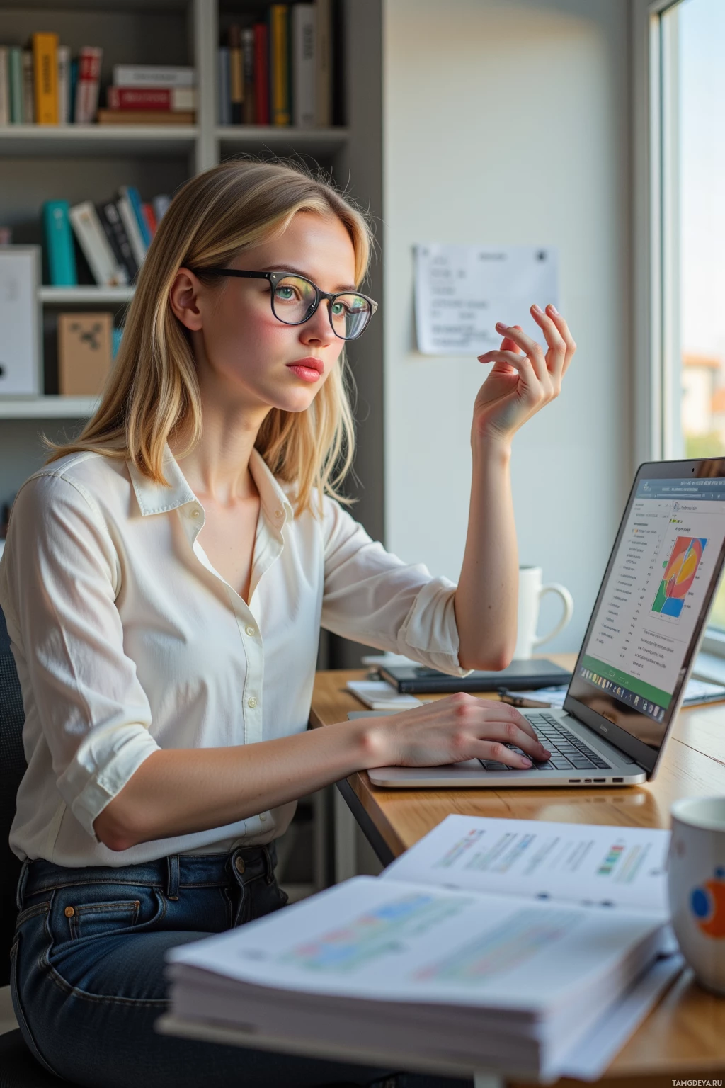 A woman in a white shirt and glasses is working at a desk with a laptop and documents.