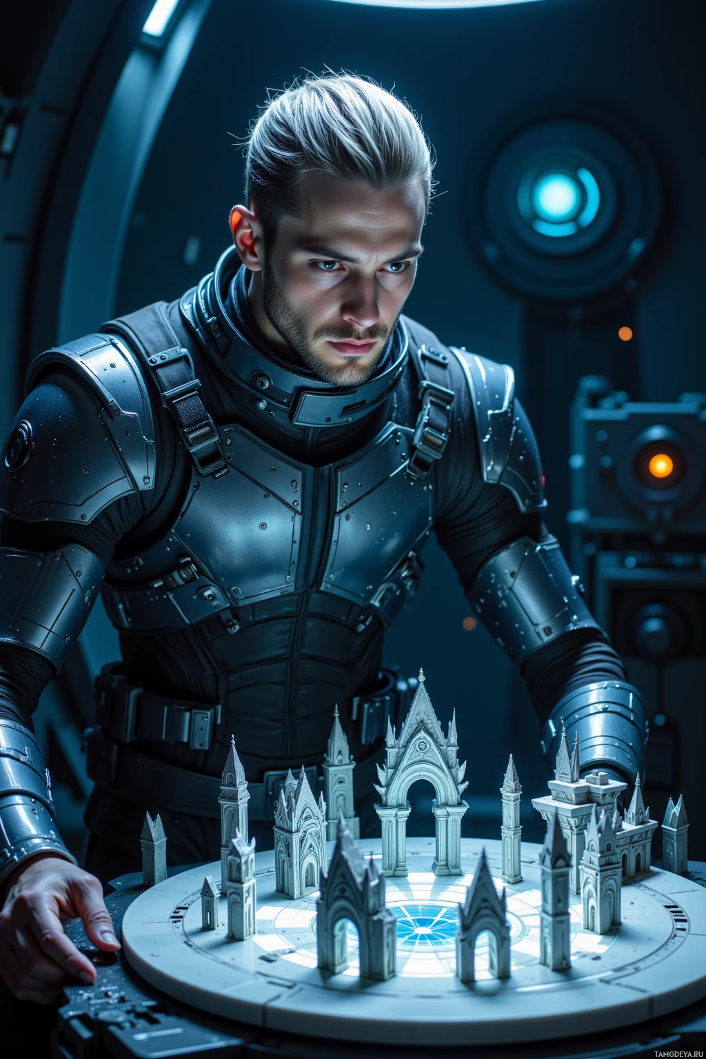 A person in futuristic armor stands beside a model of a castle.