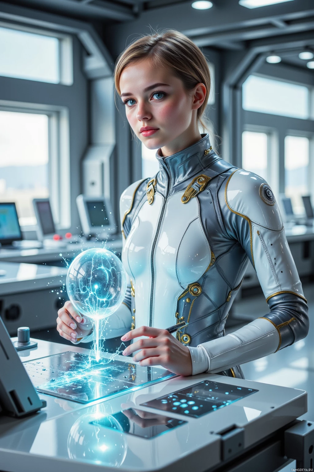 A person in a futuristic outfit holds a glowing orb in a high-tech environment.