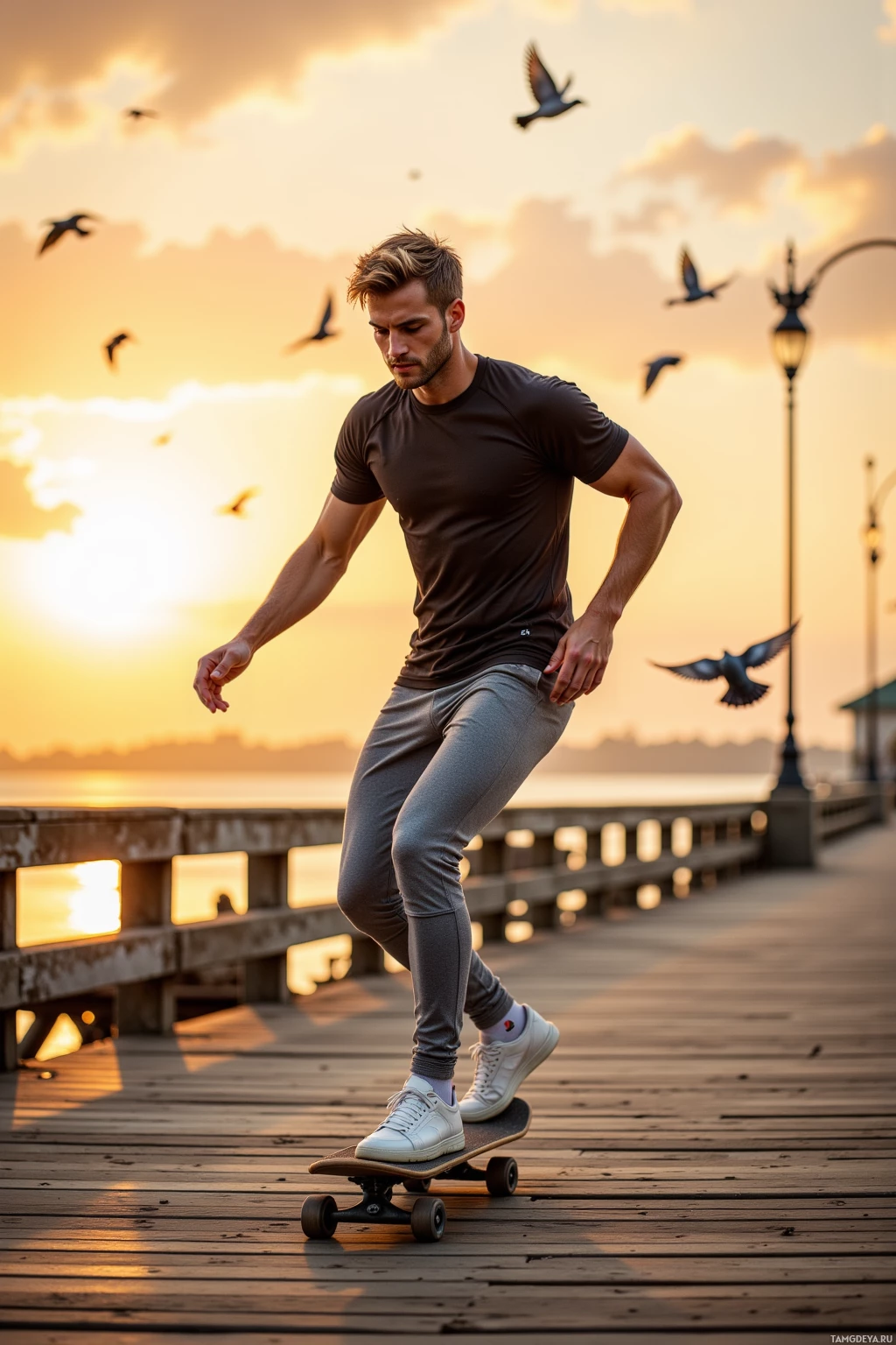A man skateboards on a wooden pier at sunset, with birds flying in the sky.