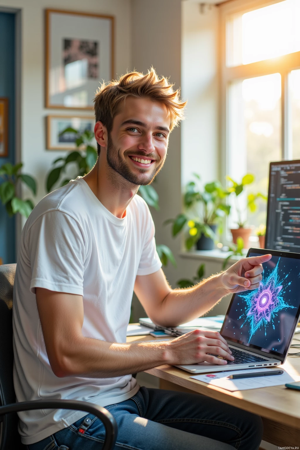 A man is sitting at a desk with a laptop, smiling, and appears to be working in a bright, modern office.