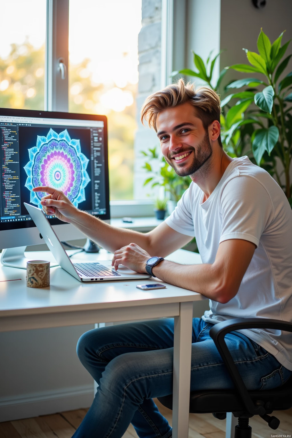 A man is sitting at a desk with a laptop and a monitor displaying a colorful design, smiling.