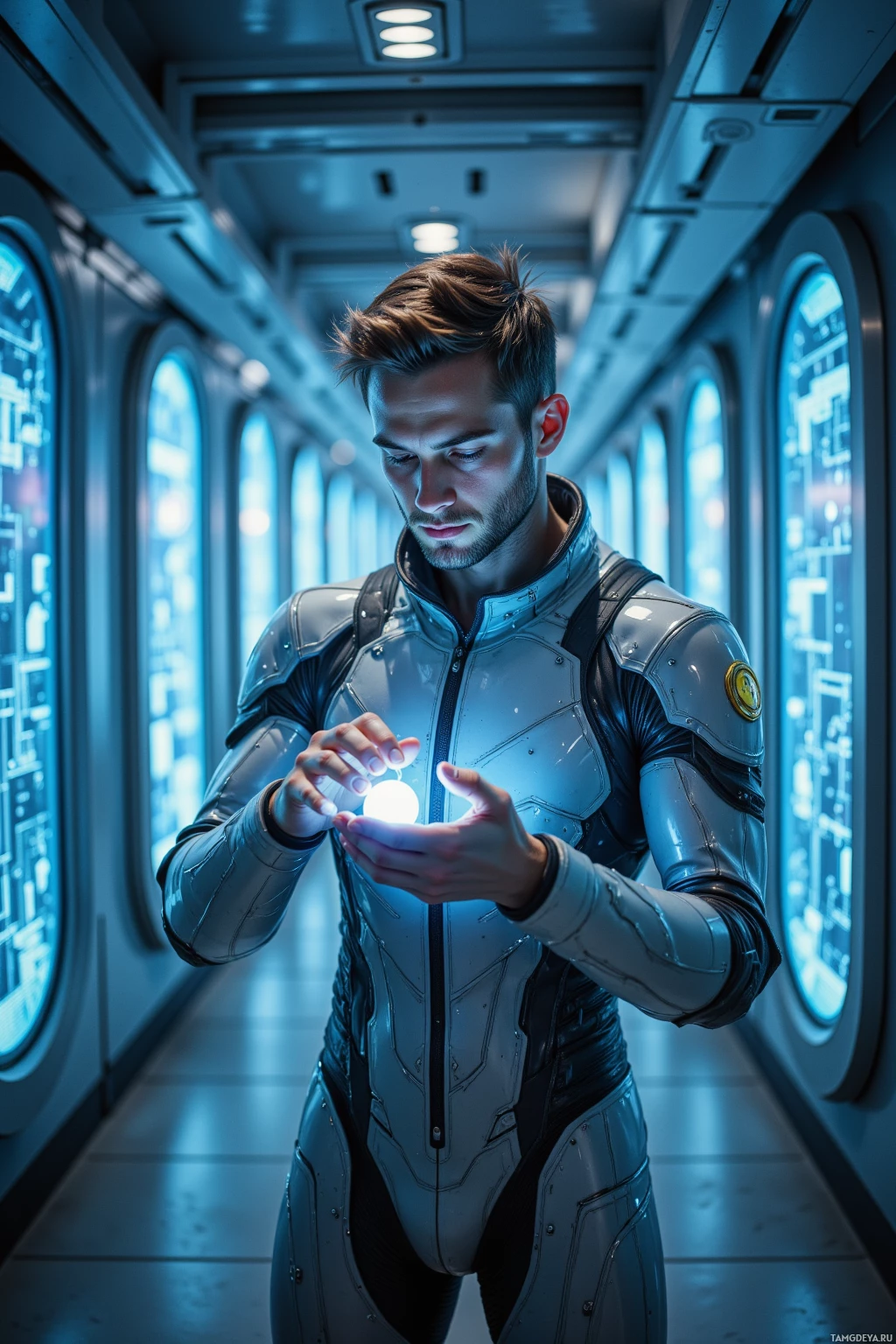 A person in a futuristic suit stands in a corridor, holding a glowing orb.