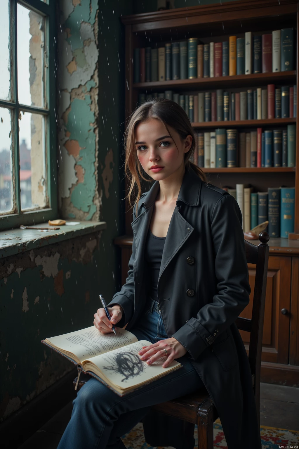 A person sits in a library, writing in a book with a pen.