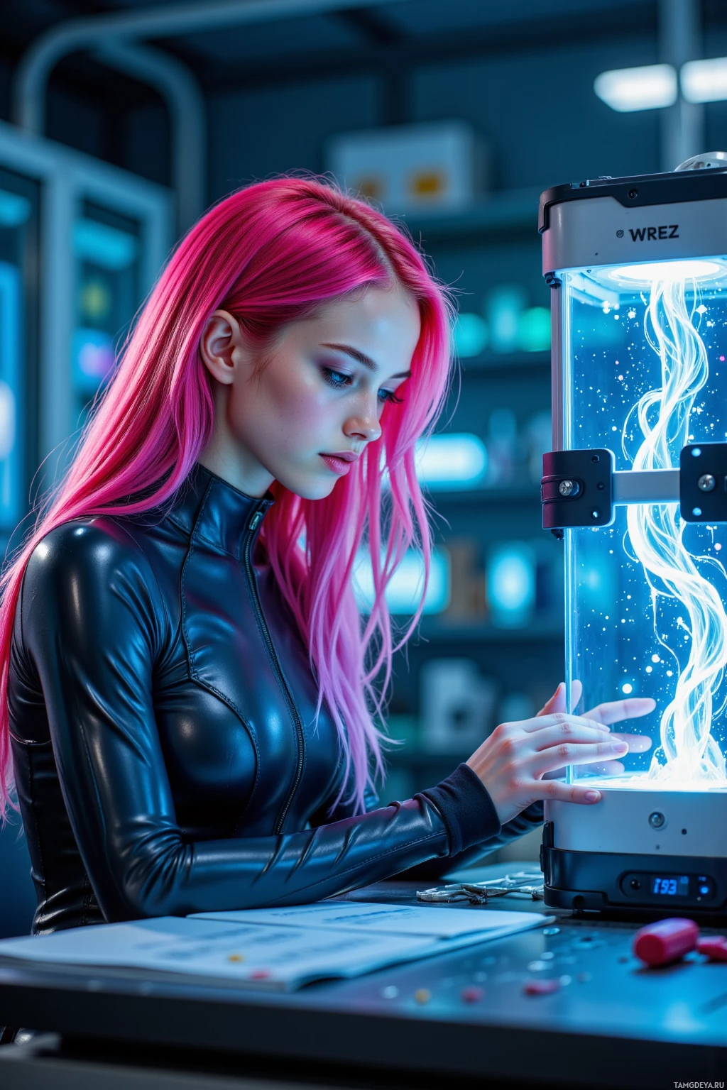 A person with pink hair in a black leather outfit interacts with a glowing device in a futuristic setting.