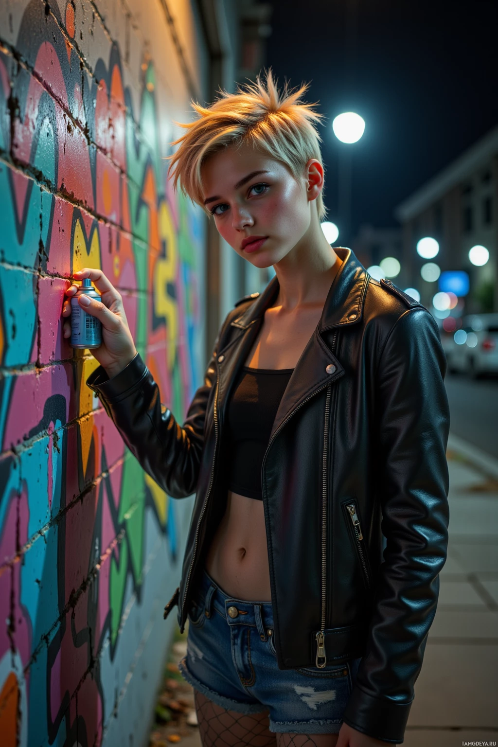 A person in a leather jacket and denim shorts stands against a graffiti wall at night.